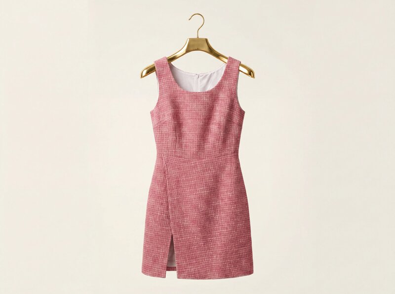 Pink tweed mini dress on gold hanger