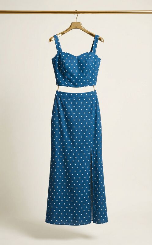 Tailored blue polka dot two-piece set on gold hanger