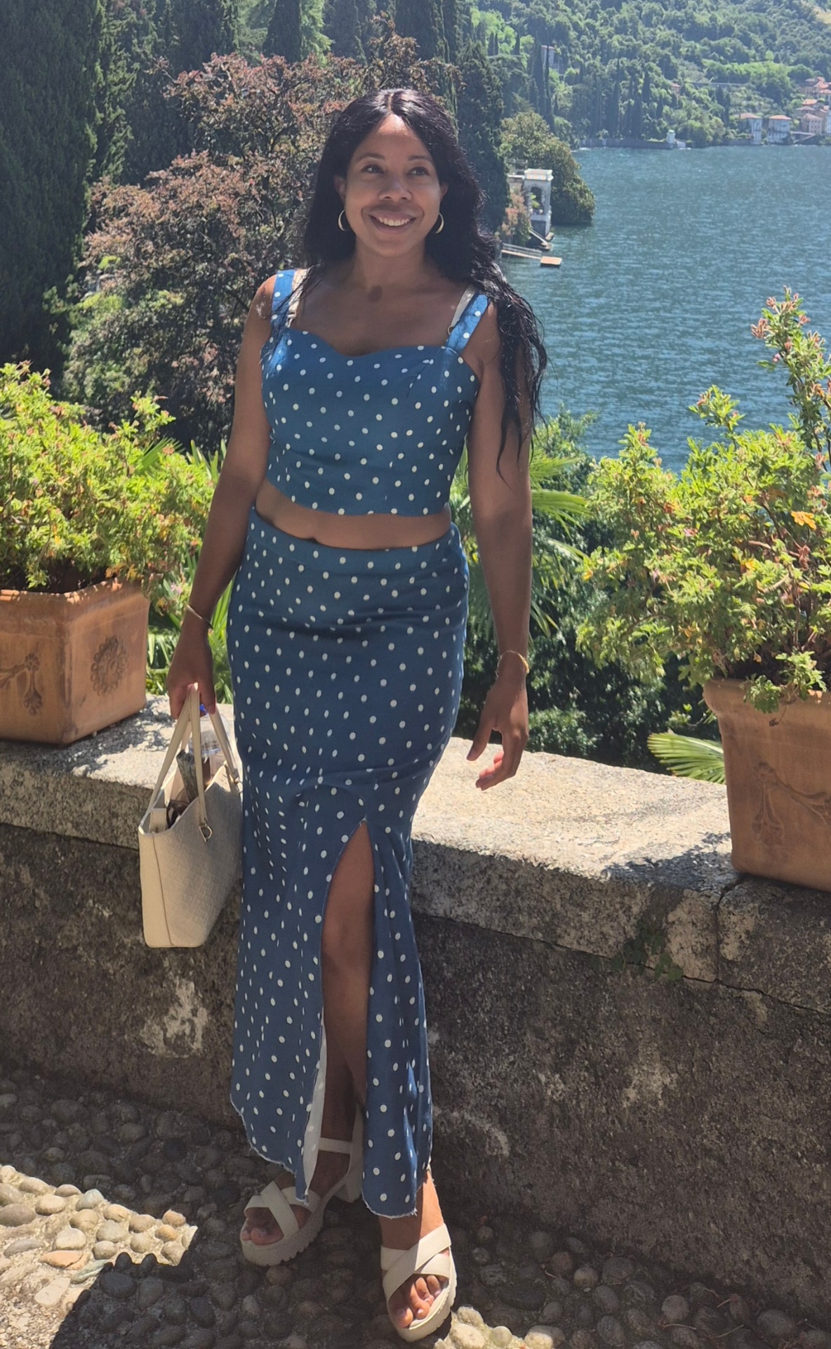Tailored polka dot two-piece set by the lake
