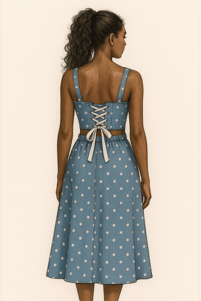 Blue polka dot dress illustration — back view