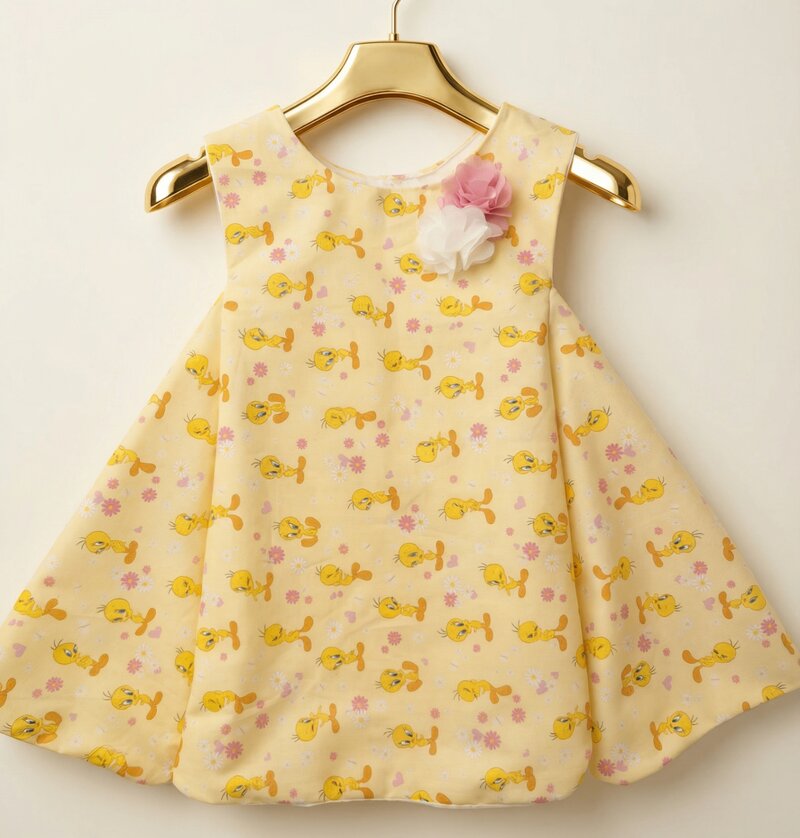 Tweety Bird print girls dress with pink flower